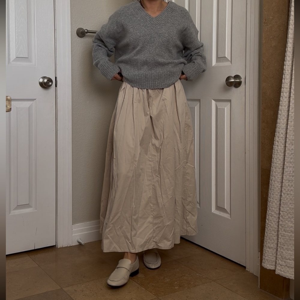 Zara Gray Sweater and Cream Maxi Skirt